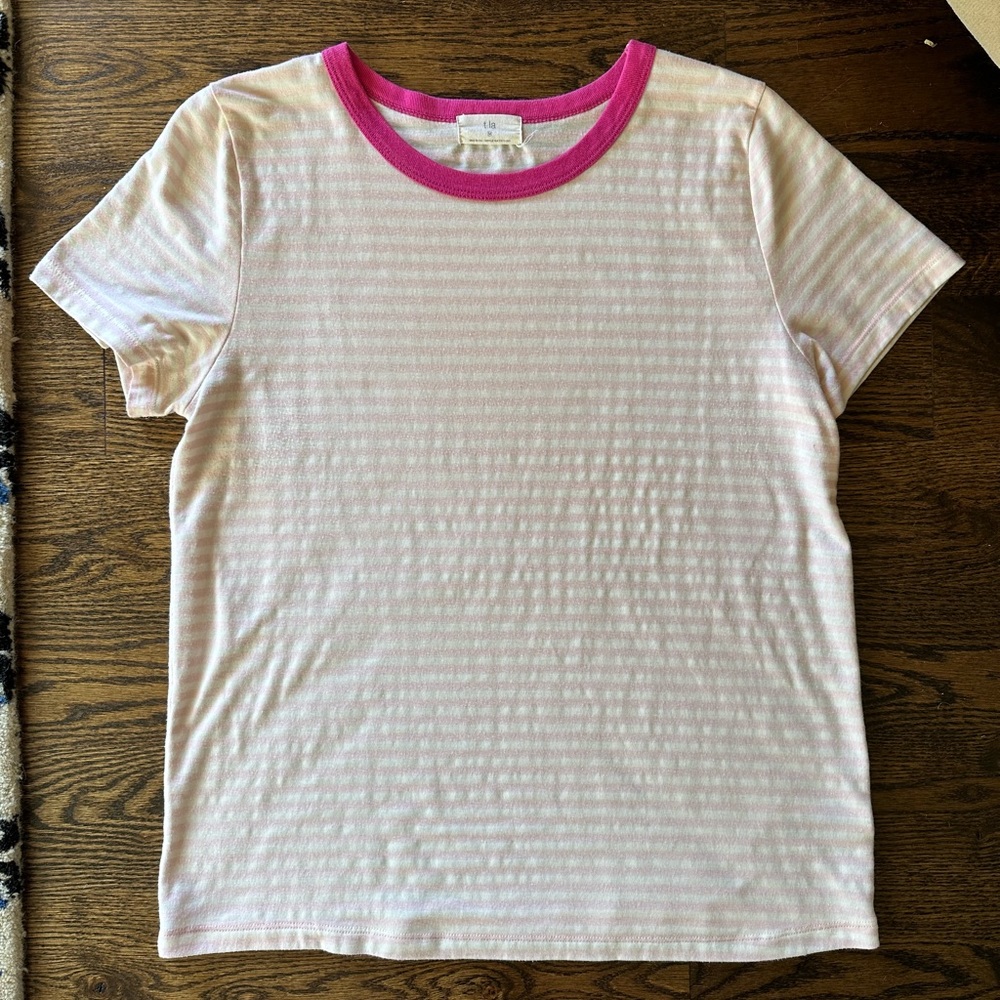 Anthropologie Pink Trim White and Light Pink Stripe Short Sleeve Tee